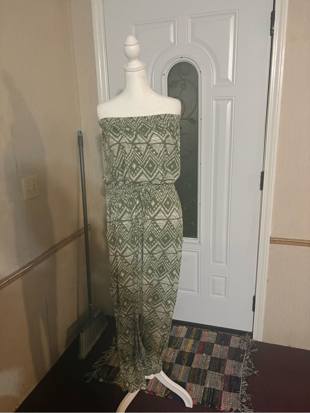 Strapless Olive Green Printed Jumpsuit with Tie Waist